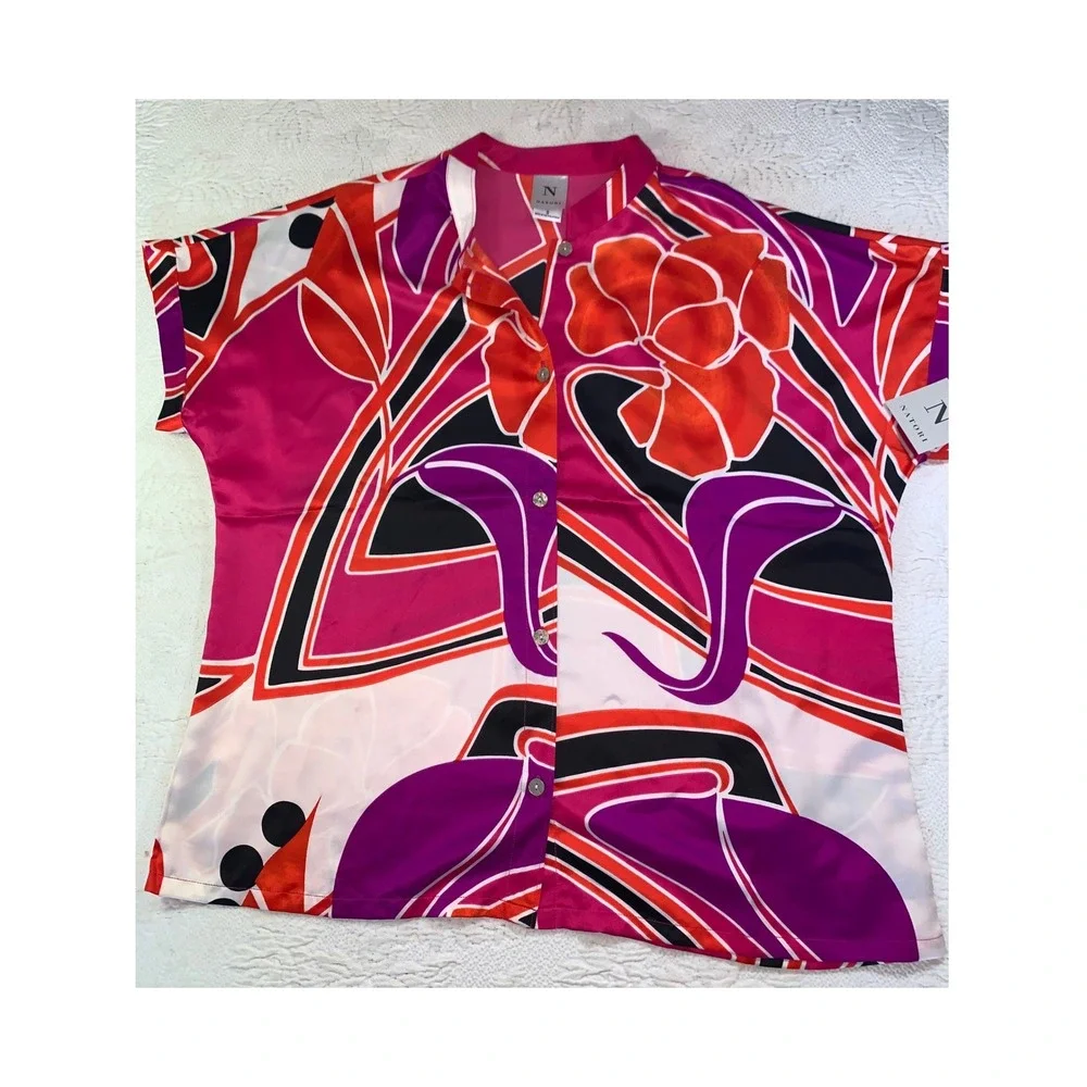 Natori Womens Pajama Set Pink Orange Abstract Floral Satin Button Top Pants S